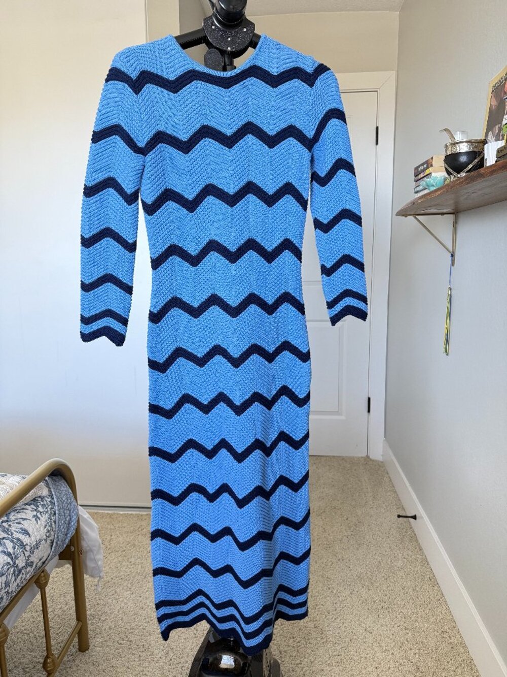 Endless Rose Blue Navy Zig Zag Knit Midi Dress Fits M NWOT
